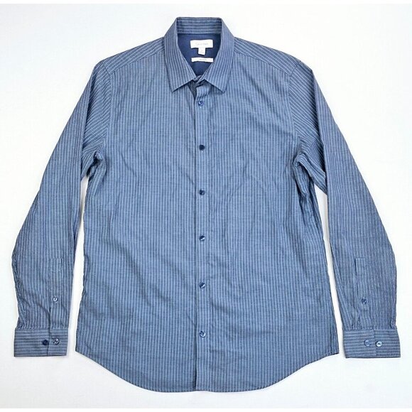 Calvin Klein Infinite Sz Medium Mens Charcoal Gray Blue Stripe Long Sleeve Shirt - Picture 1 of 11